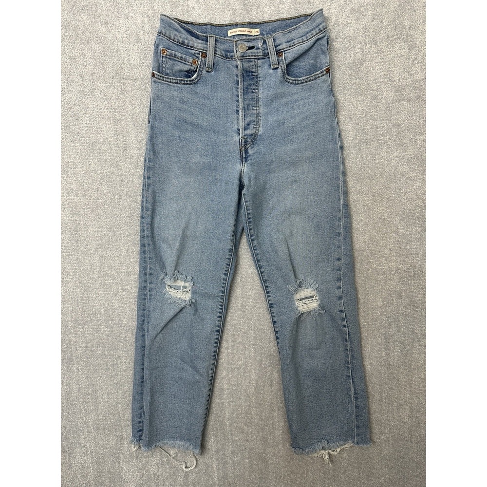 Levi's Button Fly Ribcage Straight Ankle Ladies Size 26 Distressed Raw Hem